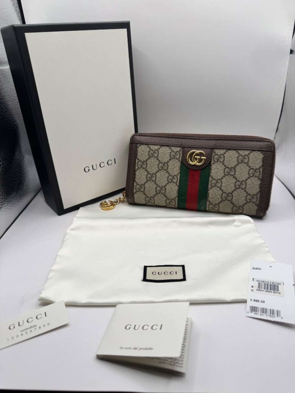 Authentic Gucci Ophelia Wallet Zip Around Web Stripe W Box and Dust Bag - Picture 2 of 15